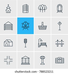 Vector illustration of 16 public icons line style. Editable set of subway, bench, forest and other elements.