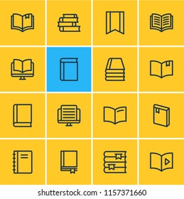 Vector illustration of 16 read icons line style. Editable set of textbook, tutorial, article and other icon elements.