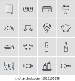 Vector illustration of 16 restaurant icons line style. Editable set of wineglass, sushi, pizza and other icon elements.