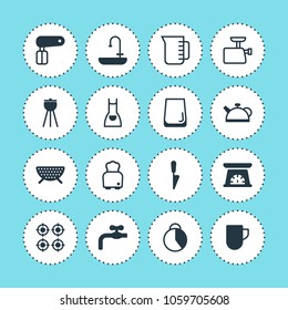 Vector illustration of 16 restaurant icons. Editable set of water glass, gas stove, kitchen scale and other icon elements.