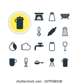 Vector illustration of 16 restaurant icons. Editable set of pizza cutter, blender, grater and other icon elements.
