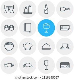 Vector illustration of 16 restaurant icons line style. Editable set of candle, dish, menu icon elements.