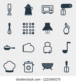 Vector illustration of 16 restaurant icons. Editable set of electric stove, toaster, skillet and other icon elements.