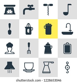 Vector illustration of 16 restaurant icons. Editable set of sink, ladle, kettle and other icon elements.