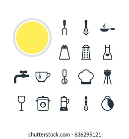 Vector Illustration Of 16 Restaurant Icons. Editable Pack Of Pepper Container, Faucet, Chef Hat And Other Elements.