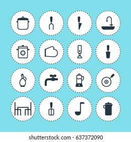 Vector Illustration Of 16 Restaurant Icons. Editable Pack Of Dinner Table, Kitchen Dagger, Faucet And Other Elements.