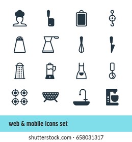 Vector Illustration Of 16 Restaurant Icons. Editable Pack Of Smock, Mixer, Round Slicer And Other Elements.