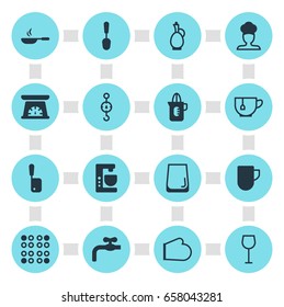 Vector Illustration Of 16 Restaurant Icons. Editable Pack Of Tablespoon, Mixer, Shaker And Other Elements.