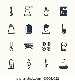 Vector Illustration Of 16 Restaurant Icons. Editable Pack Of Fruit Squeezer, Corolla, Mixer And Other Elements.