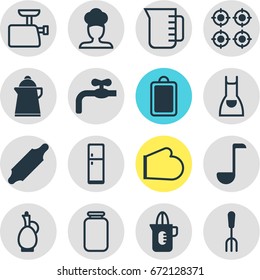 Vector Illustration Of 16 Restaurant Icons. Editable Pack Of Oven Mitts, Refrigerator, Bakery Roller And Other Elements.