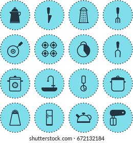 Vector Illustration Of 16 Restaurant Icons. Editable Pack Of Kitchen Dagger, Pepper Container, Timekeeper And Other Elements.