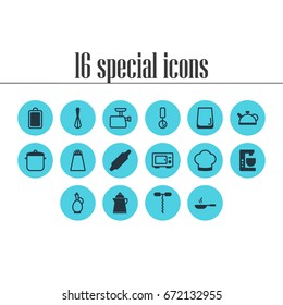 Vector Illustration Of 16 Restaurant Icons. Editable Pack Of Carafe, Round Slicer, Oven And Other Elements.