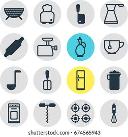 Ilustración Vectorial De 16 Iconos De Restaurante. Paquete Editable De Mincer, Pan, Mug Y Otros Elementos.