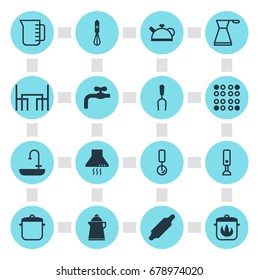 Vector Illustration Of 16 Restaurant Icons. Editable Pack Of Teakettle, Bakery Roller, Extractor Appliance And Other Elements.