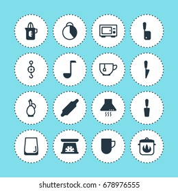 Vector Illustration Of 16 Restaurant Icons. Editable Pack Of Shaker, Kitchen Dagger, Measuring Tool And Other Elements.