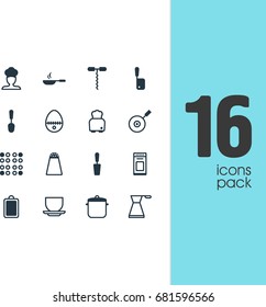 Vector Illustration Of 16 Restaurant Icons. Editable Pack Of Kettle, Soup Pan, Tablespoon And Other Elements.