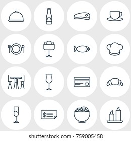 Vector Illustration Of 16 Restaurant Outline Icons. Editable Set Of Dessert, Wine, Bowl And Other Elements.