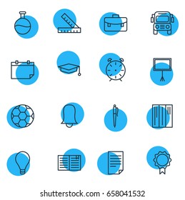Vector Illustration Of 16 Science Icons. Editable Pack Of Bookshelf, Bulb, Meter And Other Elements.