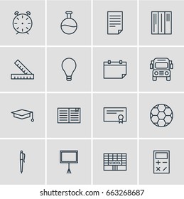 Vector Illustration Of 16 Science Icons. Editable Pack Of Meter, School, Clock And Other Elements.