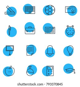 Vector illustration of 16 science icons line style. Editable set of school, clock, football and other elements.