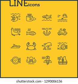 Vector illustration of 16 sea icons line style. Editable set of ship window, sea landscape, porthole icon elements.