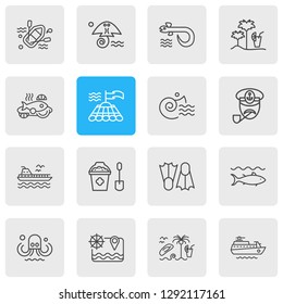 Vector illustration of 16 sea icons line style. Editable set of tuna, captain, eel and other icon elements.