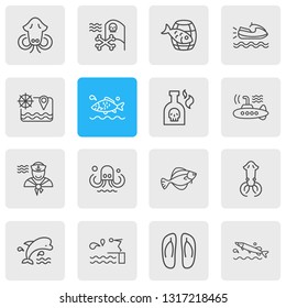 Vector illustration of 16 sea icons line style. Editable set of jet ski, bottle of rum, cuttlefish and other icon elements.