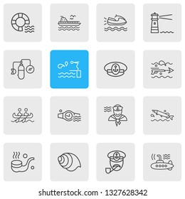 Vector illustration of 16 sea icons line style. Editable set of pike fish, lifebuoy, smoking pipe and other icon elements.