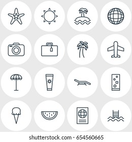Vector Illustration Of 16 Season Icons. Editable Pack Of Suitcase, Fish, Cocktail And Other Elements.