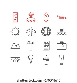 Vector Illustration Of 16 Season Icons. Editable Pack Of Suitcase, Anti-Sun Cream, Sunny And Other Elements.