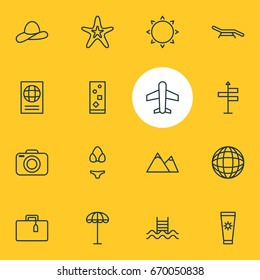 Vector Illustration Of 16 Season Icons. Editable Pack Of Hill, Suitcase, Photo Apparatus And Other Elements.