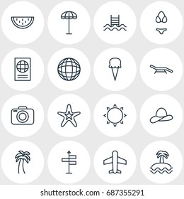 Vector Illustration Of 16 Season Icons. Editable Pack Of Fish , Photo Apparatus, Island Elements.