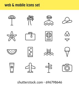 Vector Illustration Of 16 Season Icons. Editable Pack Of Sorbet, Island , Suitcase Elements.