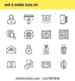 Vector illustration of 16 security icons line style. Editable set of cloud data protection, data encryption, video control and other icon elements.