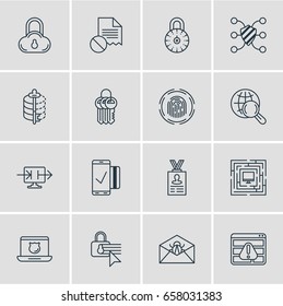 Vector Illustration Of 16 Security Icons. Editable Pack Of Data Error, Key Collection, Data Security And Other Elements.