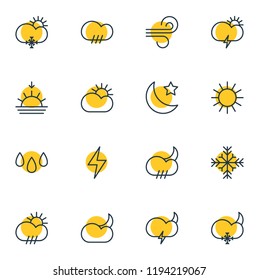 Vector illustration of 16 sky icons line style. Editable set of rain, storm, snowstorm and other icon elements.