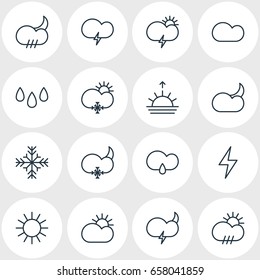 Vector Illustration Of 16 Sky Icons. Editable Pack Of Drip, Snow, Weather And Other Elements.