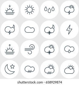 Vector Illustration Of 16 Sky Icons. Editable Pack Of Crescent, Breeze, Sunrise And Other Elements.