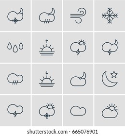 Vector Illustration Of 16 Sky Icons. Editable Pack Of Sun, Moon Month, Cloudy And Other Elements.
