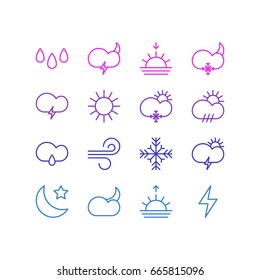 Vector Illustration Of 16 Sky Icons. Editable Pack Of Fulminant, Drip, Breeze And Other Elements.