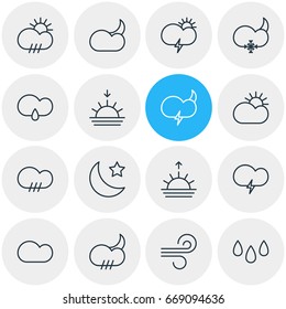 Vector Illustration Of 16 Sky Icons. Editable Pack Of Rain, Fulminant, Snowflake And Other Elements.