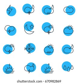 Vector Illustration Of 16 Sky Icons. Editable Pack Of Snow, Sunset, Moon Month And Other Elements.