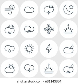 Vector Illustration Of 16 Sky Icons. Editable Pack Of Moon Month, Snow, Fulminant And Other Elements.