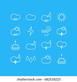 Vector Illustration Of 16 Sky Icons. Editable Pack Of Cloud, Weather, Lightning And Other Elements.