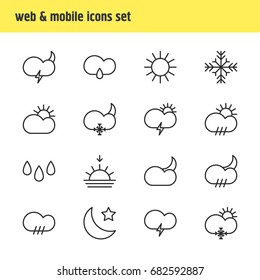 Vector Illustration Of 16 Sky Icons. Editable Pack Of Drizzles, Weather, Crescent And Other Elements.