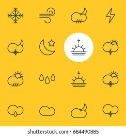 Vector Illustration Of 16 Sky Icons. Editable Pack Of Fulminant, Sunset, Snow And Other Elements.