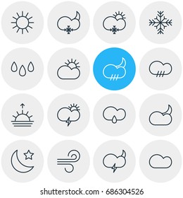 Vector Illustration Of 16 Sky Icons. Editable Pack Of Weather, Windstorm, Rainy And Other Elements.
