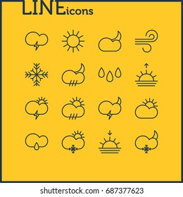 Vector Illustration Of 16 Sky Icons. Editable Pack Of Sunrise, Breeze, Fulminant And Other Elements.