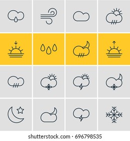 Vector Illustration Of 16 Sky Icons. Editable Pack Of Snow, Snowflake, Rain And Other Elements.