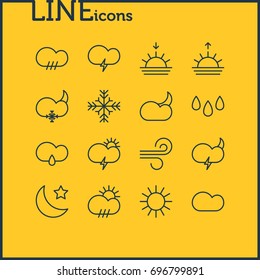 Vector Illustration Of 16 Sky Icons. Editable Pack Of Sunlight, Fulminant, Breeze And Other Elements.